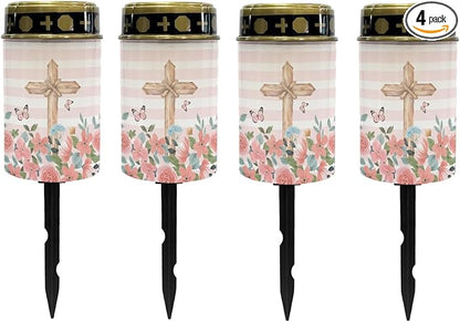 Cross and Pink Floral Cemetery Lights for Grave,Solar Lights Outdoor Waterproof Lights Garden Lights Solar Powered Pathway Lights Backyard Lights Solar String Lights Wall Light Auto On & Off