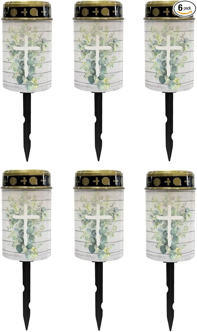 Poceacles Cross Solar Lights Outdoor Grave Solar Lights for Cemetery Decoration Solar Outdoor Lights Cemetery Solar Lamp for Garden Backyard Pathway Decor, Eucalyptus Leaf Cross Wood Grain, Pack of 6