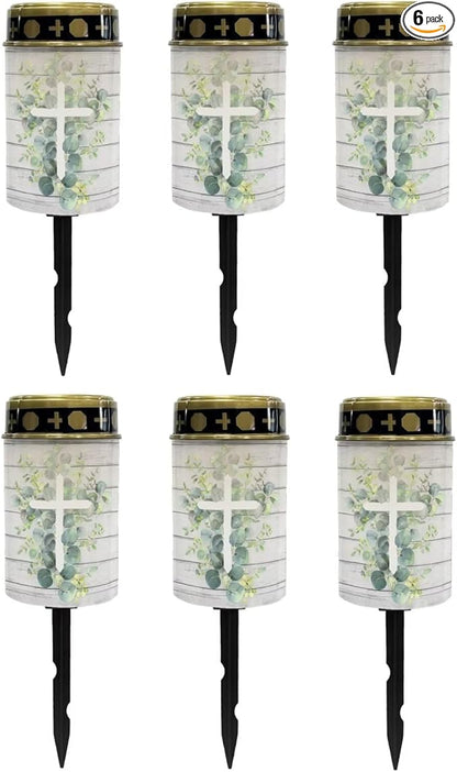 Poceacles Cross Solar Lights Outdoor Grave Solar Lights for Cemetery Decoration Solar Outdoor Lights Cemetery Solar Lamp for Garden Backyard Pathway Decor, Eucalyptus Leaf Cross Wood Grain, Pack of 6