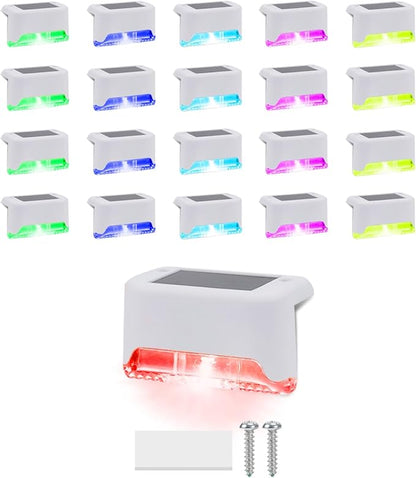 20 Pack Color Change Solar Step Lights Outdoor Small Waterproof RGB LED Stair Lamp Outside Decorative Lighting for Deck, Staircase, Railing, Pool, Retaining Wall, No Drill Install(White Shell)