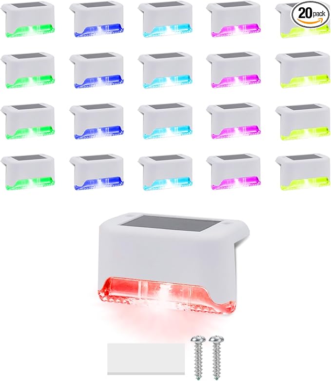 20 Pack Color Change Solar Step Lights Outdoor Small Waterproof RGB LED Stair Lamp Outside Decorative Lighting for Deck, Staircase, Railing, Pool, Retaining Wall, No Drill Install(White Shell)