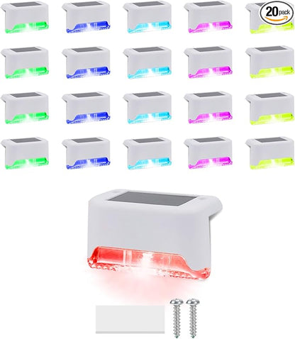 20 Pack Color Change Solar Step Lights Outdoor Small Waterproof RGB LED Stair Lamp Outside Decorative Lighting for Deck, Staircase, Railing, Pool, Retaining Wall, No Drill Install(White Shell)