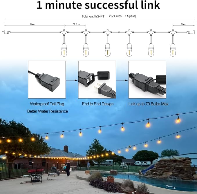 24 Feet Outdoor String Lights | IP65 Waterproof with 13 Shatterproof LED Bulbs | Warm White Patio Lights for Garden, Cafe & Wedding - 5-Minute Tangle-Free Setup with Hooks