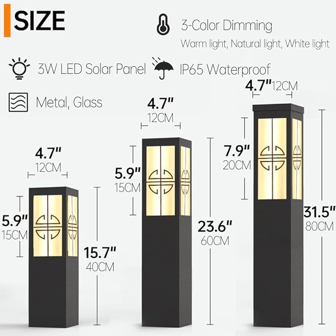 Solar Garden Path Lights Square Black Metal Pathway Lights Chinese Style Glass Bollard Lantern Dimming Landscape Lighting Fixture for Lawn Front/Back Door Balcony