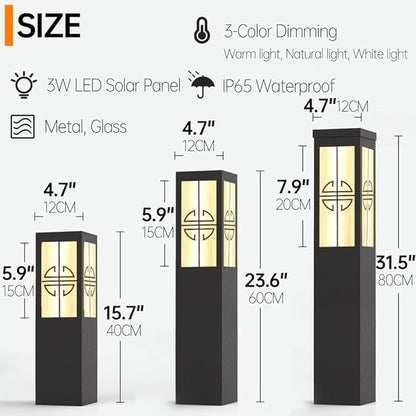 Solar Garden Path Lights Square Black Metal Pathway Lights Chinese Style Glass Bollard Lantern Dimming Landscape Lighting Fixture for Lawn Front/Back Door Balcony