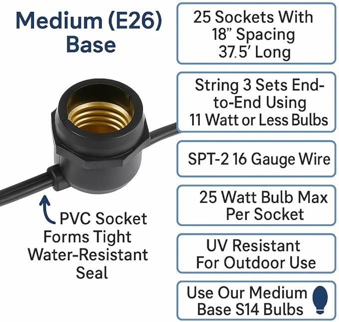 Novelty Lights 37.5 Feet Heavy Duty Light String with 25 in-Line E26 Sockets, Black - Outdoor Security Flood Light | Lumora