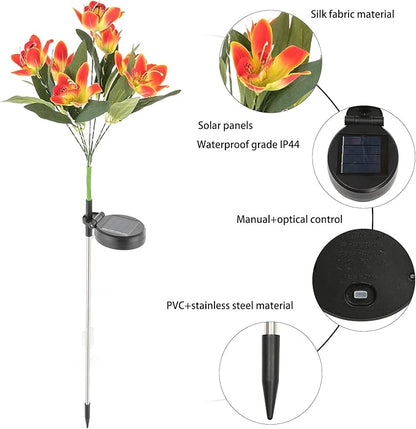7-Head Solar Swaying Orchid Light, Orange Outdoor Solar Garden Light with 42 Warm LEDs, IP44 Waterproof, 8-10H Auto Lighting, No Wiring Needed for Yard Pathway Patio Decoration
