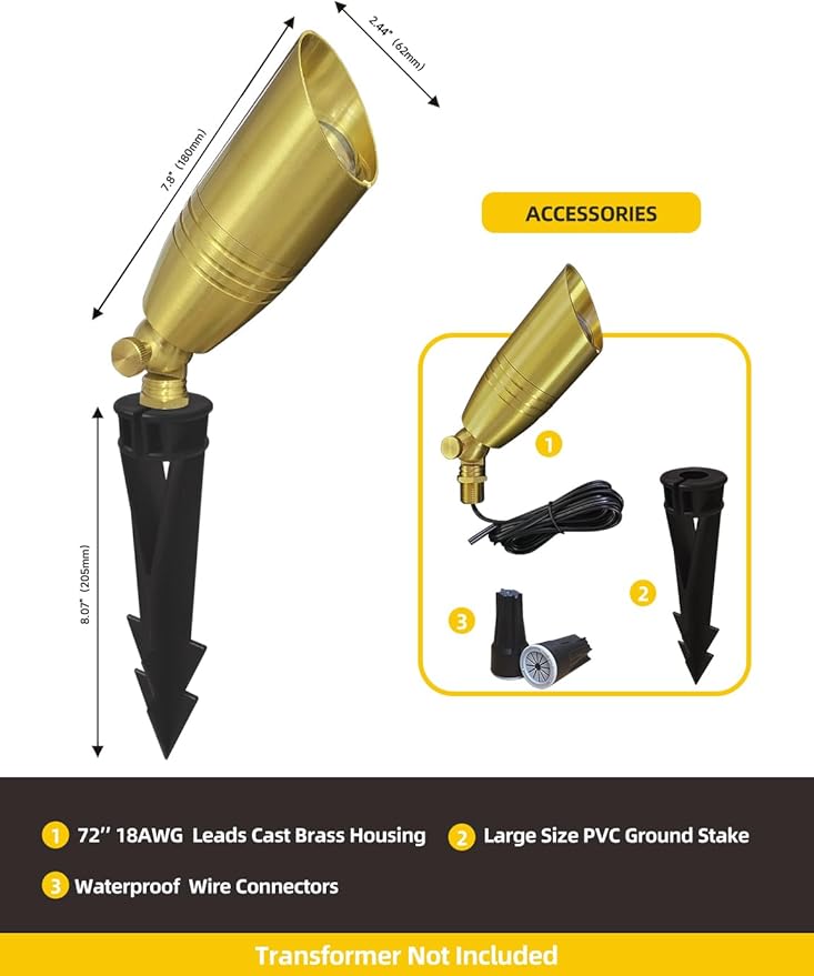 COLOER Die-cast Brass Landscape Spotlight 1-Pack Without Bulb,12V AC/DC Low Voltage Copper Outdoor Lighting with Ground Stake, Directional Garden Patio Spot Up Light (102B Copper Finish)