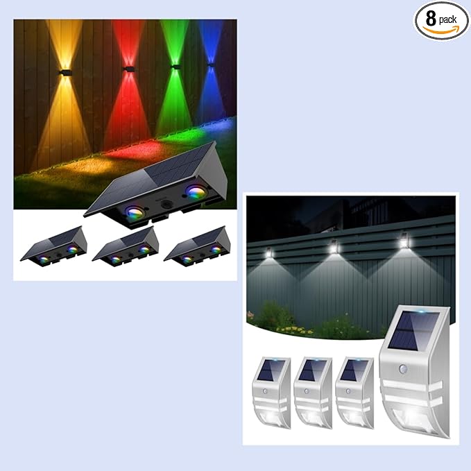 RGB Up & Down Solar Deck Lights 4 Pack + 4 Pack Solar Motion Lights, Wall Mount for Yard Patio Step Stairs Rail, Decor for Halloween Christmas