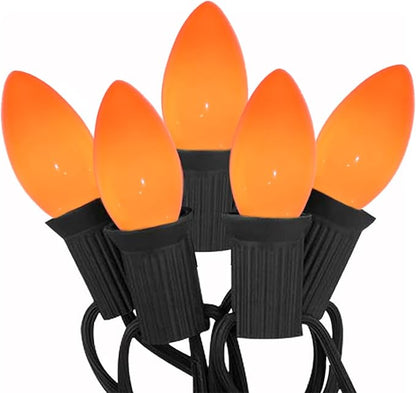 C9 Ceramics Orange String Lights, 25Ft Outdoor Halloween String Light with 26 Ceramics Orange Bulbs(1 Spare), Halloween Lights for Indoor Outdoor Party Holiday Decor, Black Wire