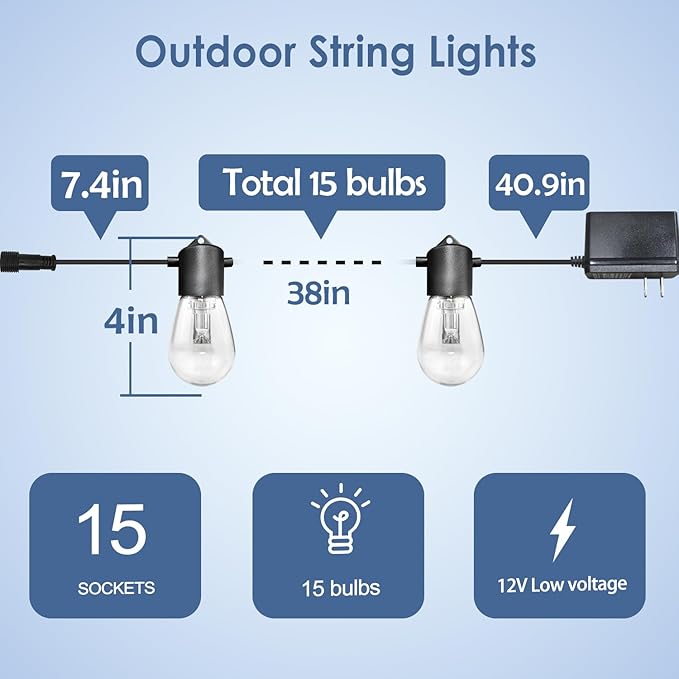 GANA 12V Low Voltage & Safe LED Outdoor String Lights,48FT 15 Shatterproof Bulbs, 2200K Warm White Pergola Lights | Lumora