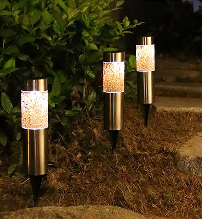 Mosaic LED Lawn Garden Lights Solar Outdoor Lights Stainless Steel Mosaic Lawn Lamp Solar Powered for Halloween Christmas Decorations Pathway Walkway Patio Driveway Yard Landscape Lighting Grey 3 Pack