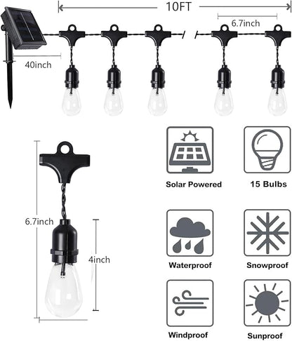 Vigdur 11FT Solar String Lights Outdoor Waterproof with 15 Plastic Bulbs Shatterproof & Auto ON/Off, Solar Powered Patio Lights for Camping Backyard Garden Porch Decor