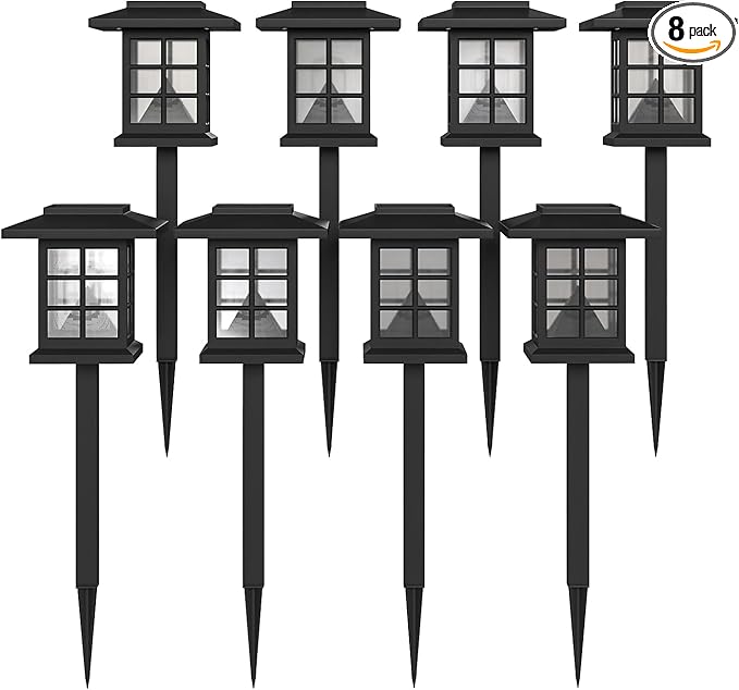 Flash Furniture Halsey Lantern Style LED Solar Lights - All-Weather Black Outdoor Solar Powered Lights - Landscape Lighting for Pathway, Garden, & Yard, 4x4x16, 8 Pack