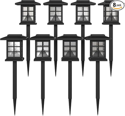 Flash Furniture Halsey Lantern Style LED Solar Lights - All-Weather Black Outdoor Solar Powered Lights - Landscape Lighting for Pathway, Garden, & Yard, 4x4x16, 8 Pack
