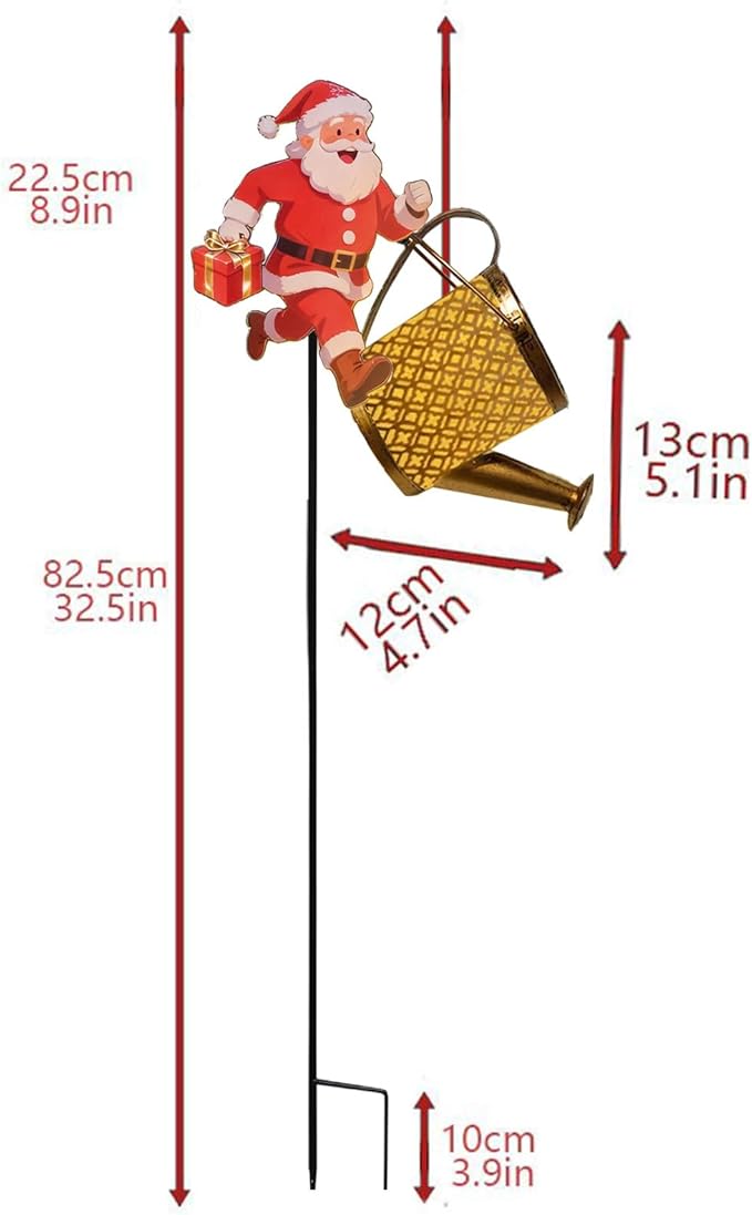 Christmas Santa Solar Kettle Lights, Waterproof Solar Watering Can with Cascading Lights, Garden Lawn Decorative Light, Hanging Metal Solars Santas Watering Can Led Light for Yard Pathway