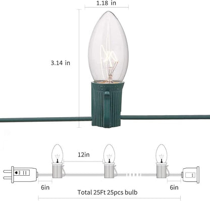 C9 Clear Vintage Outdoor String Lights with 26 C9 Clear Glass Bulbs, 25Ft Hanging Roofline Lights for Outdoor Christmas Tree Party Backyard Wedding Decor - Green