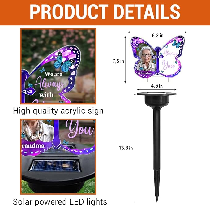 Personalized Memorial Butterfly Solar Light - Custom Photo Memory Acrylic Garden Lights - Decoration Garden Outdoor Grave Light, Sympathy Gifts for Loss of Loved Ones