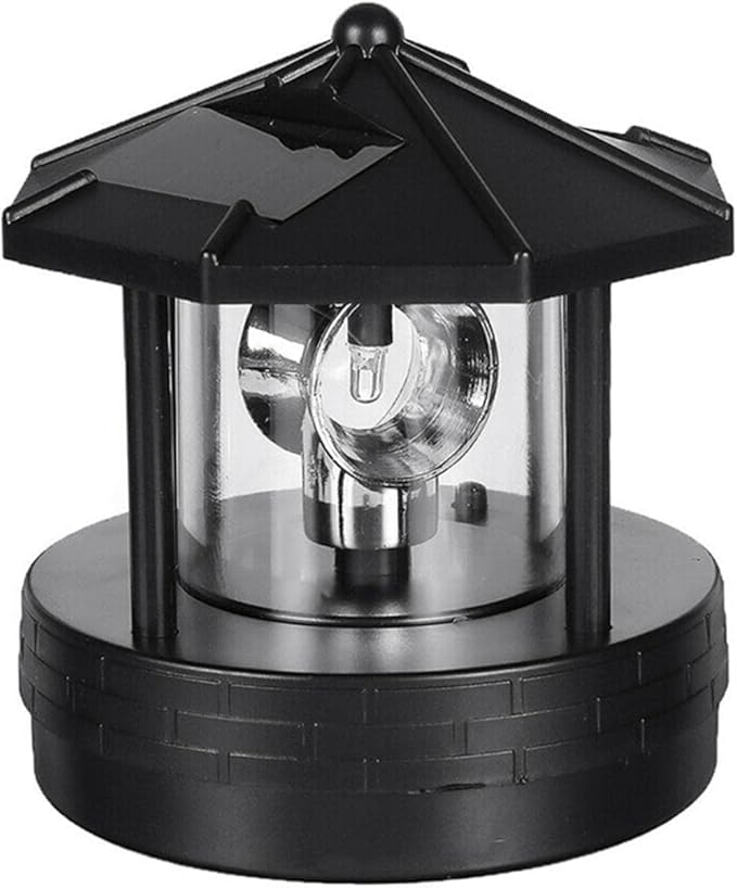 Solar Powered Rotating Lighthouse Beacon LED Light - 360° Auto Illumination, IP44 Waterproof, for Garden/Patio/Lawn Decoration(Black,Size:M)