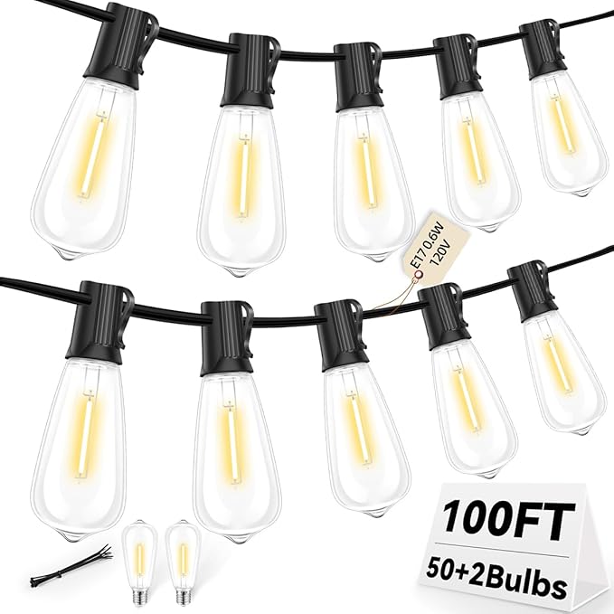 ST40 LED Outdoor String Lights 100FT with 50+2 Bulbs, E17 Socket, 0.6W, 2700K Warm White–Connectable for Garden | Lumora