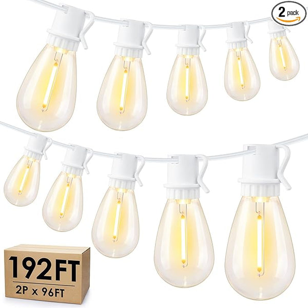 192FT(2x96FT) LED Outdoor String Lights, Linkable Patio Light with 60+3 2700K Waterproof Dimmable Hanging Bulbs for | Lumora