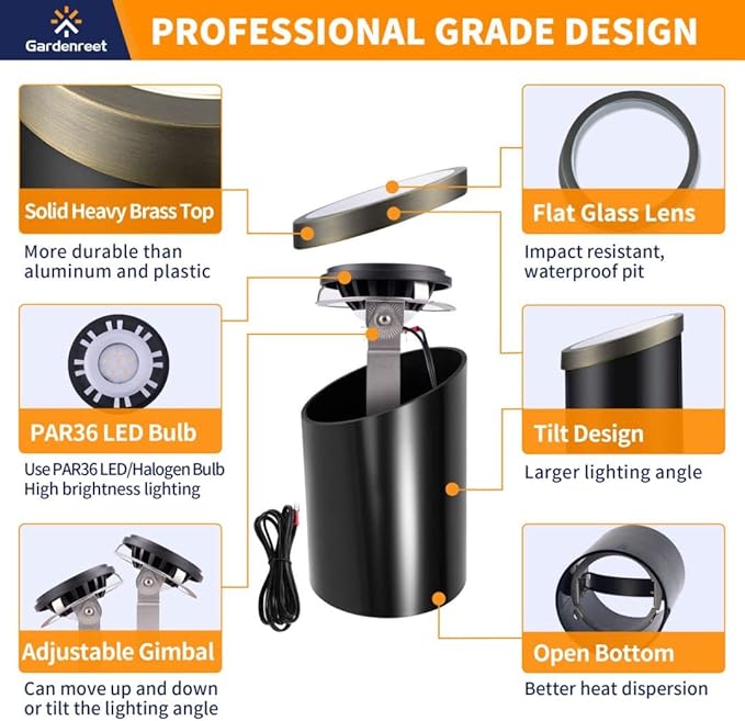 Gardenreet Low Voltage Brass Well Lights - LED 12V Weatherproof In-Ground Replaceable Bulb - Outdoor Path Light | Lumora