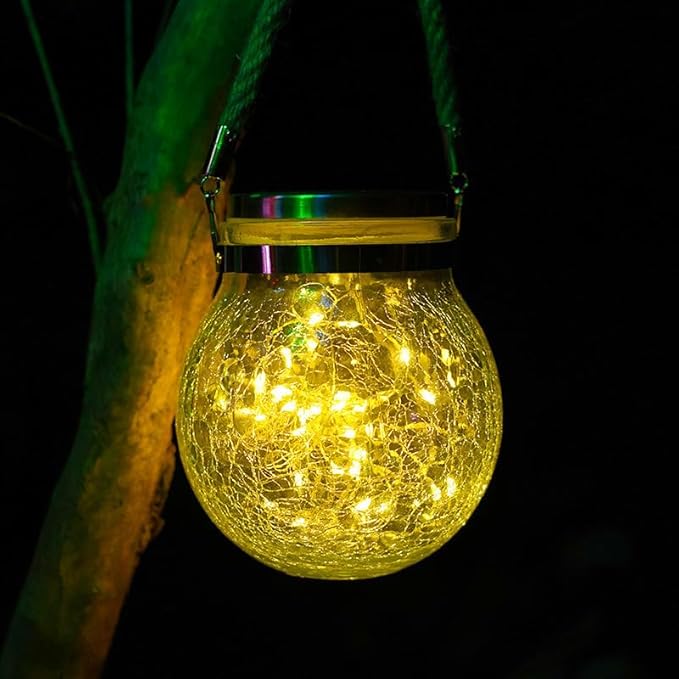 Solar Lights Globe Outdoor Decorative, Hanging Cracked Glass Ball Solar Lights Waterproof, Solar Powered Lantern | Lumora