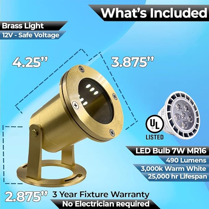 Waterproof Underwater Light 113 (4 Pack) Solid Brass 7W MR16 LED Bulb Pond Light Submersible Waterfall Pool | Lumora