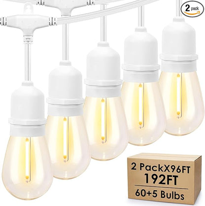 Mlambert 2 Pack 96FT Outdoor String Lights with 60+5 LED 2700K Plastic Bulbs, Dimmable Waterproof Lights for Patio Party-192FT in Total-White Cord