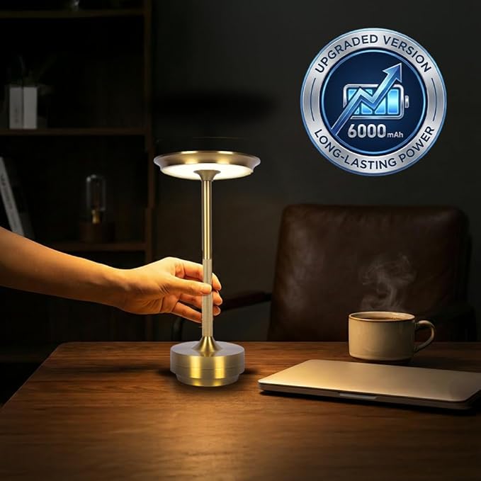 2026 Upgraded 6000mAH for longer battery life. Cordless Table Lamps Rechargeable, Portable Lamp, Stepless Dimming LED Table Light with Memory Function, for Outdoor/Dinner/Patio/Restaurant, (Gold)
