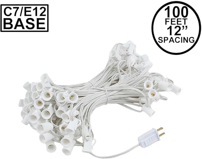 Novelty Lights 100 Foot C7 Outdoor String Light Christmas Stringer - Patio String Lights - Candelabra Base (C7/E12) - 12" Spacing - White Wire