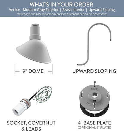 Steel Lighting Co. Venice Store Sign Light | for Outdoor Restaurant Accent Wall | 9 inch Dome | Upward Sloping Gooseneck | Made in America | Modern Gray Exterior/Brass Interior
