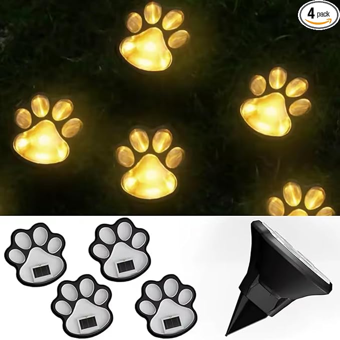 Solar Paw Print Lights, Cats and Dogs Animal Solar Lights, Outdoor Decorative Lights, Garden Lights Path Lights Walkway Lighting, Suitable for Terrace Yard Garden Path Lawn Yard 4 Pack (Style A)