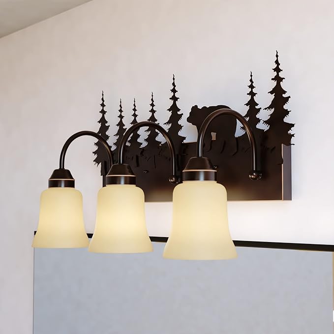 VAXCEL Bozeman 3-Light 24.75 inch Wide Burnished Bronze Rustic Cabin Bathroom Vanity Lighting Fixture, Amber Flake | Lumora