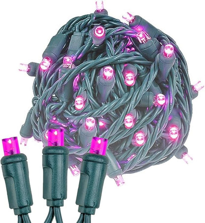 Novelty Lights 25ft 50 LED Pink Christmas Lights Outdoor/Indoor, 6" Spacing, Green Wire String Lights for Festive Xmas Lighting, IP55, UL Listed, Dimmable, Connectable