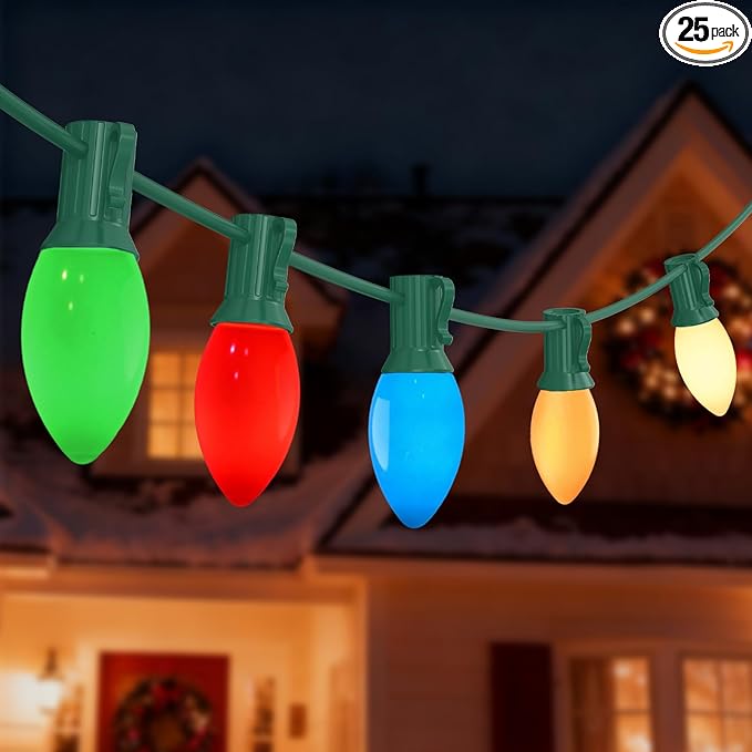 C9 Vintage Incandescent Christmas Lights Outdoor, 25Ft Christmas Tree Lights with 26 Colorful 7W Incandescent Bulbs(1 Spare), Xmas Lights Outdoor for Tree/Garden/Yard/Holiday Decor, Green Wire