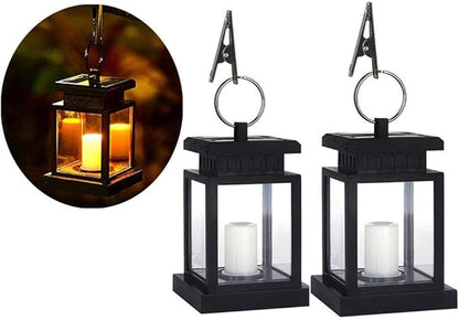 Hanging Solar Lantern Lights Outdoor Decorative Night Light for Patio Landscape Yard Waterproof, White Candle with Warm Light Flicker, Auto Sensor On Off, Lantern Candle Lights (2 Pack)