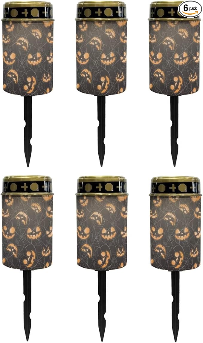 Poceacles Solar Cemetery Lights for Grave - Candle Lantern Walkway Lighting - Waterproof Landscape Lights for Halloween Decorations, Pumpkin Spider Web Print, Pack of 6