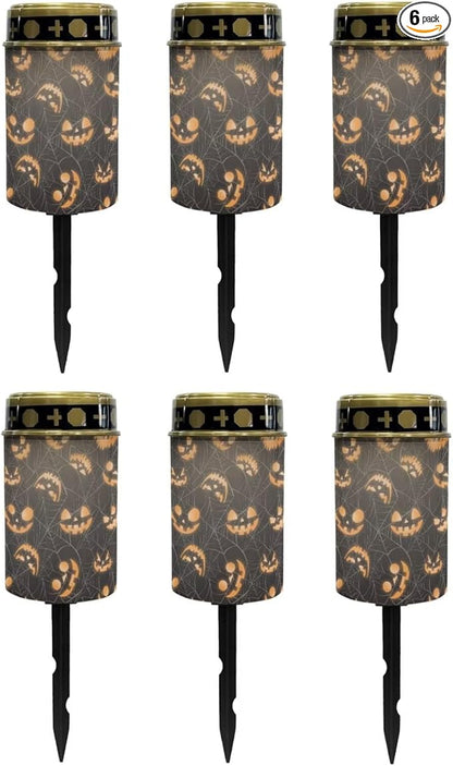 Poceacles Solar Cemetery Lights for Grave - Candle Lantern Walkway Lighting - Waterproof Landscape Lights for Halloween Decorations, Pumpkin Spider Web Print, Pack of 6