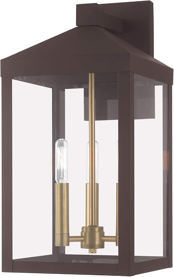 Livex 20584-07 Transitional Three Light Outdoor Wall Lantern from Nyack Collection in Bronze/Dark Finish | Lumora