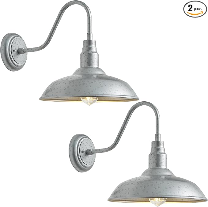 14 Inch Barn Farmhouse Outdoor Light Fixture, 2 Pack Exterior Gooseneck Lights with Galvanized Steel Finish | Lumora