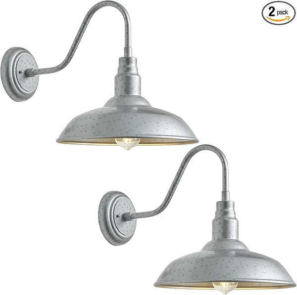 14 Inch Barn Farmhouse Outdoor Light Fixture, 2 Pack Exterior Gooseneck Lights with Galvanized Steel Finish | Lumora