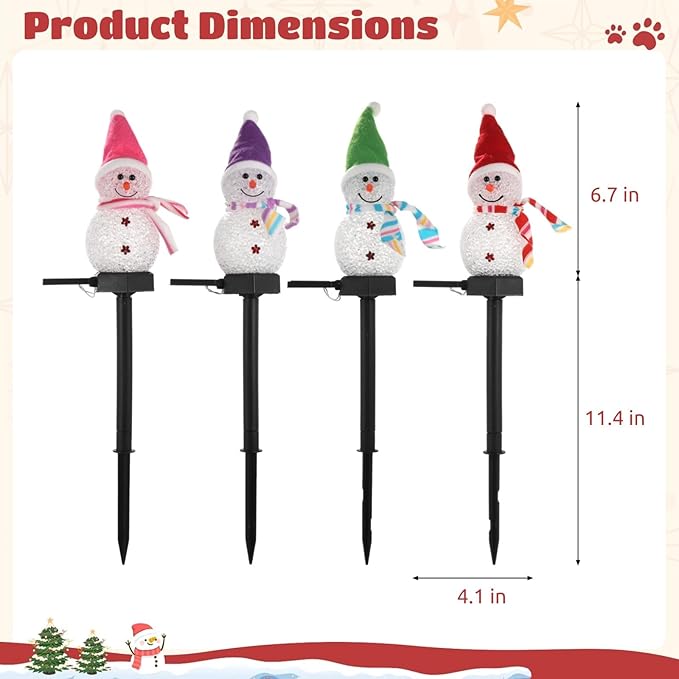 Christmas Yard Decor, 4 Pcs Snowman Solar Lights, Outdoor Garden Pathway Lights, Waterproof Led Christmas Decorations