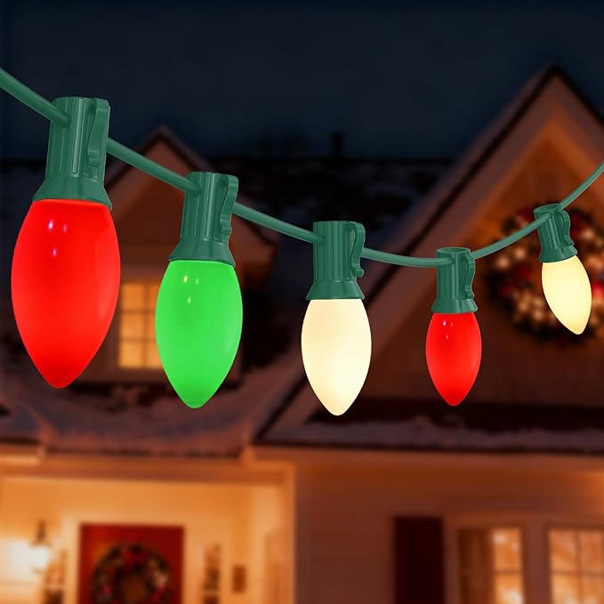 C9 Christmas Lights Outdoor, 25Ft Red Green White Christmas Decorative String Lights with 26 Multicolored Ceramic Bulbs(1 Spare), Commercial Vintage Christmas Lights for Holiday