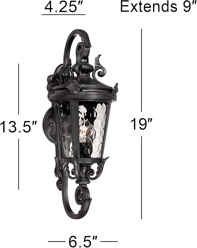 John Timberland Marseille Traditional Outdoor Wall Light Fixture Black Steel Scroll 19" Clear Hammered Glass | Lumora