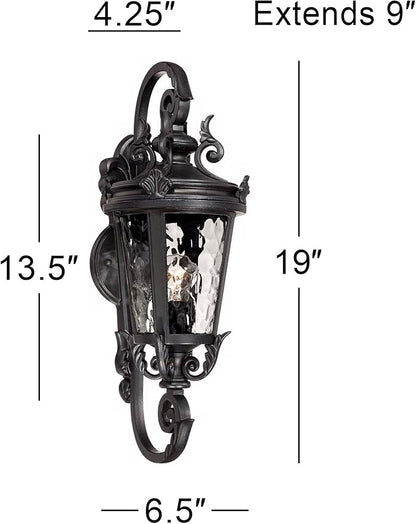 John Timberland Marseille Traditional Outdoor Wall Light Fixture Black Steel Scroll 19" Clear Hammered Glass Downbridge Arm for Exterior House Porch Patio Outside Deck Garage Front Door Home