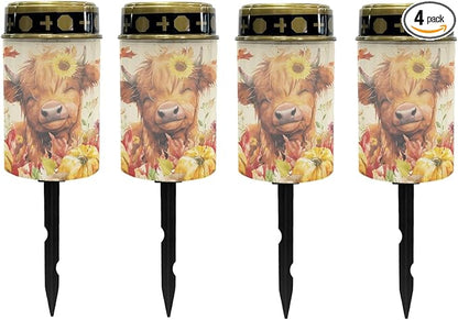 Sunflower Highland Cow Solar Lights Outdoor Waterproof 4 Pieces Lights Garden Lantern for Yard Patio Walkway Thanksgiving Decor Solar Lights Wall Light Auto On/Off