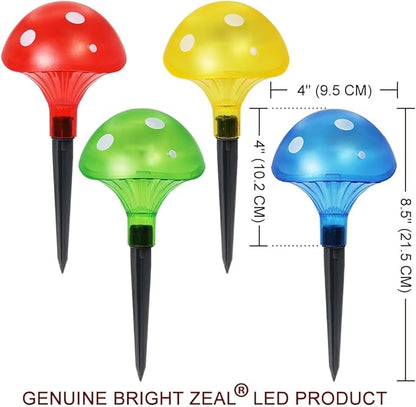Bright Zeal 4-Pack Mushroom Solar Lights Outdoor Waterproof (8.5" Tall, 4" Wide) - Mushroom Outdoor Garden Red Green Yellow Blue - LED Garden Lamps for Outside Solar Fairy Stake Lamps