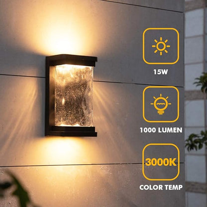 LUTEC 1000 Lumen Outdoor LED Wall Light Fixture, Dusk to Dawn Porch Light Wall Sconce with Seeded Glass, Matte Black Wall Lantern Exterior Lighting for House Backyard Patio, 3000K
