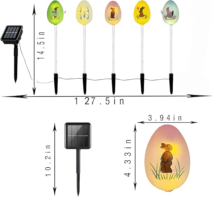 Solar Easter Bunny Egg Lights - 5 Pack Outdoor Solar Path Lights with 8 Lighting Modes, Waterproof Garden Stake Lights for Easter, Birthday, Housewarming Gifts & Outdoor Decor
